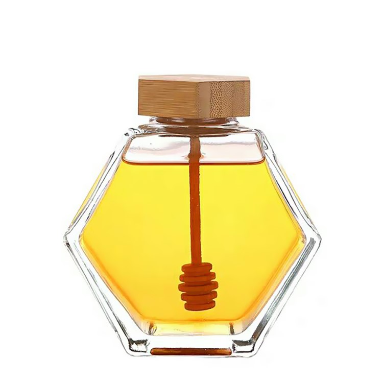 Hexagon Glass Honey Jar with Wooden Lid