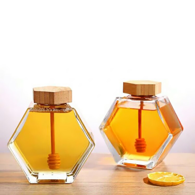 Hexagon Glass Honey Jar with Wooden Lid