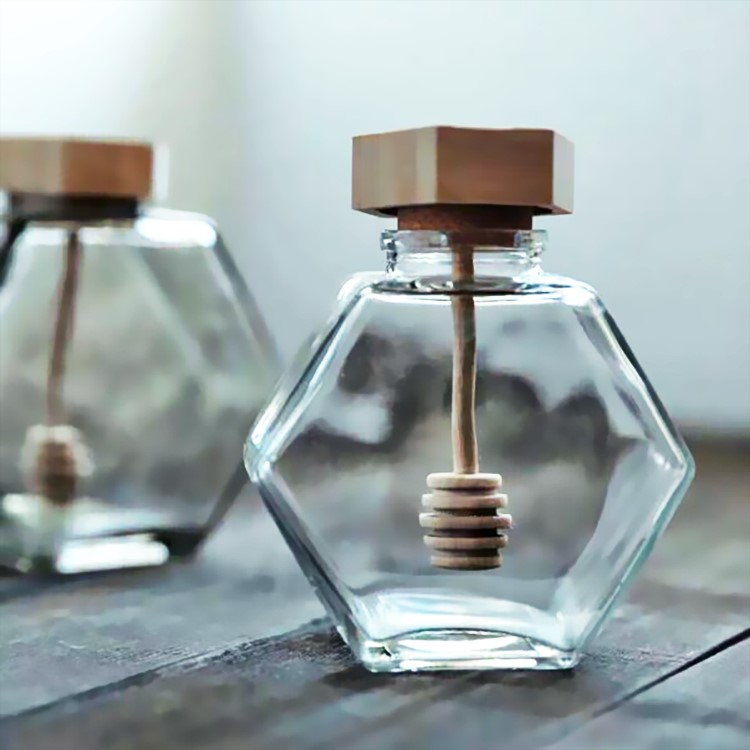 Hexagon Glass Honey Jar with Wooden Lid