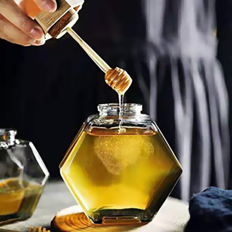 Hexagon Glass Honey Jar with Wooden Lid