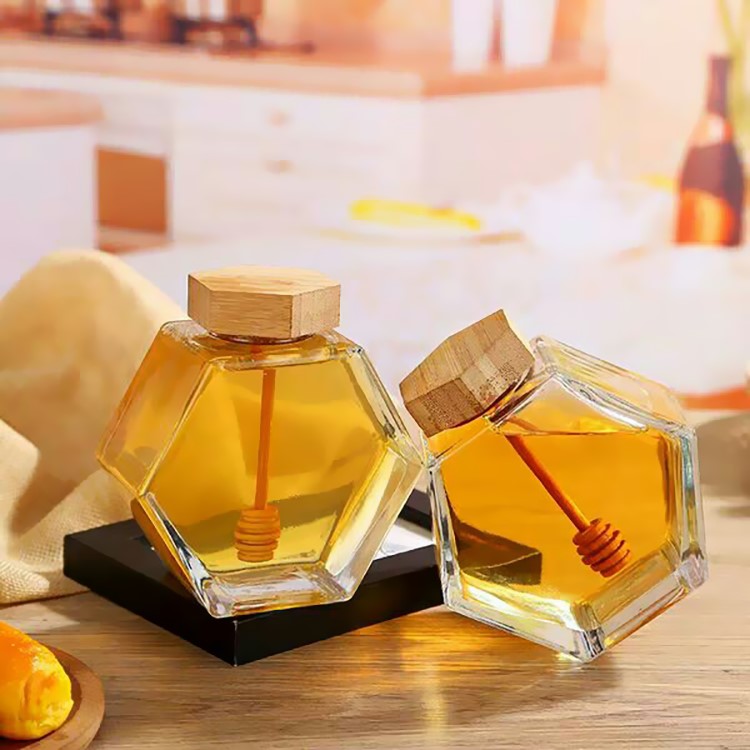 Hexagon Glass Honey Jar with Wooden Lid